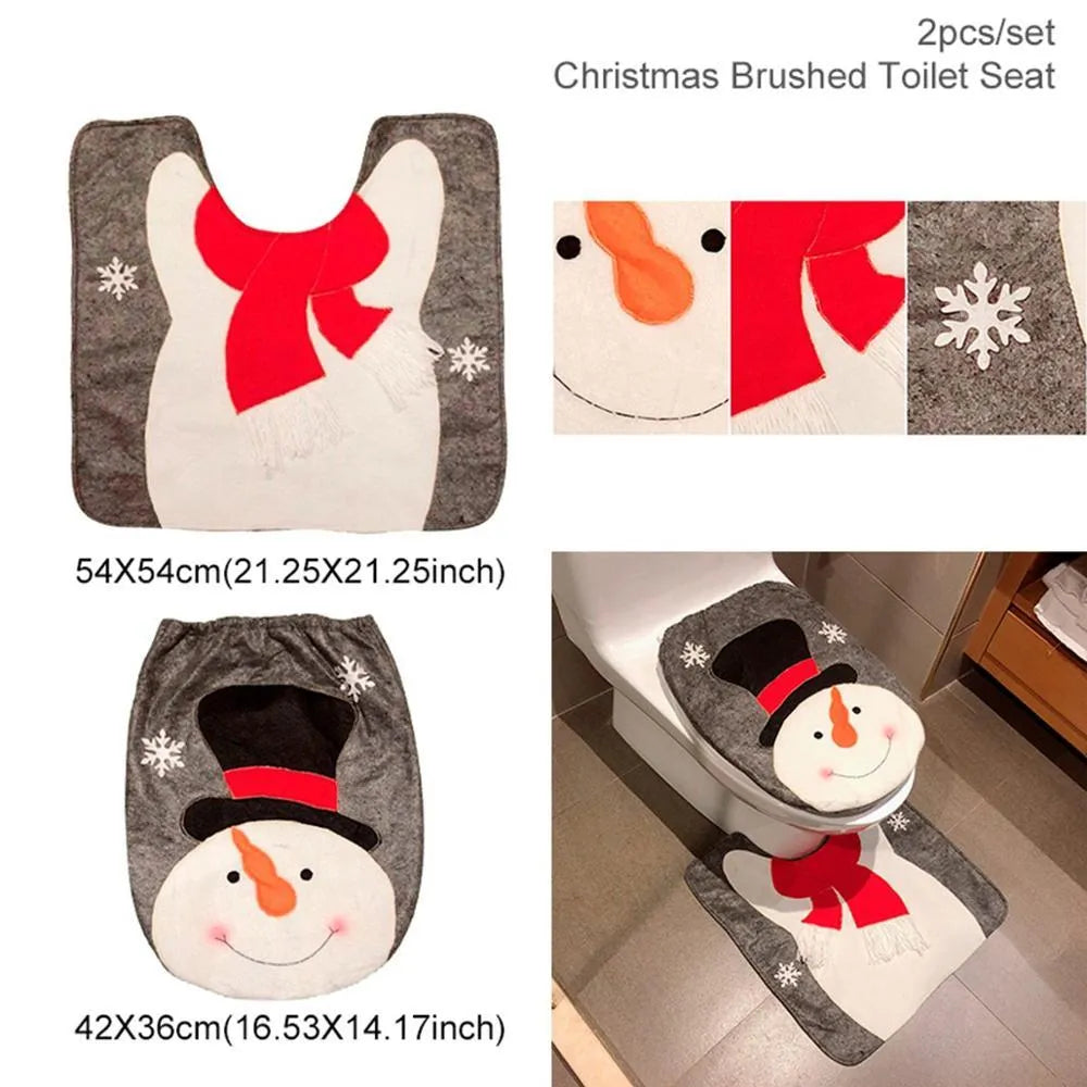 Christmas bathroom decoration set with flannel fabric toilet cover, floor mat, and Santa Claus design