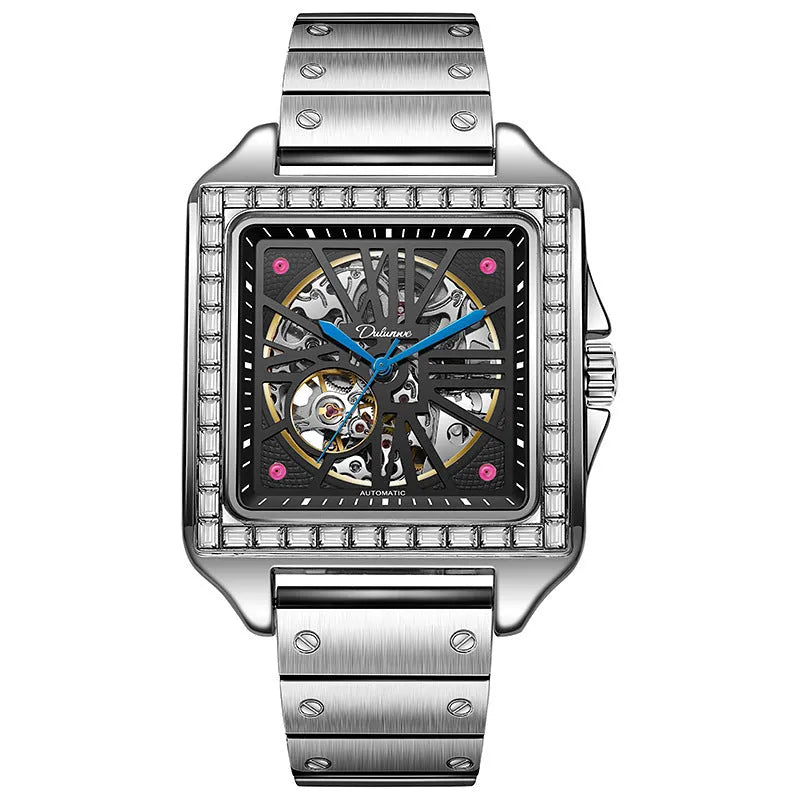 Men's square automatic watch with diamond-studded dial on a black leather strap.
