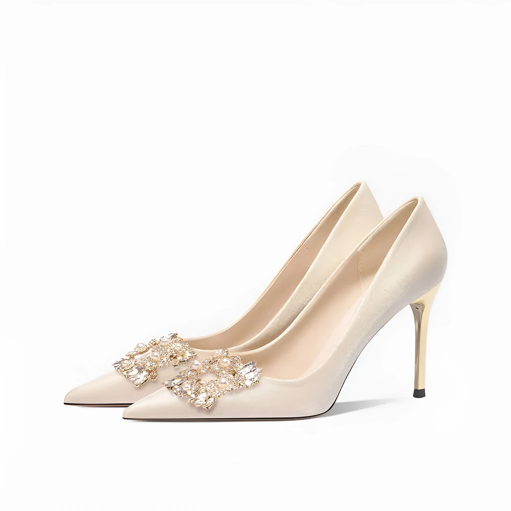 French wedding high heels with rhinestone details on cloth upper, pointed toe, and a choice of stiletto or cat heel.