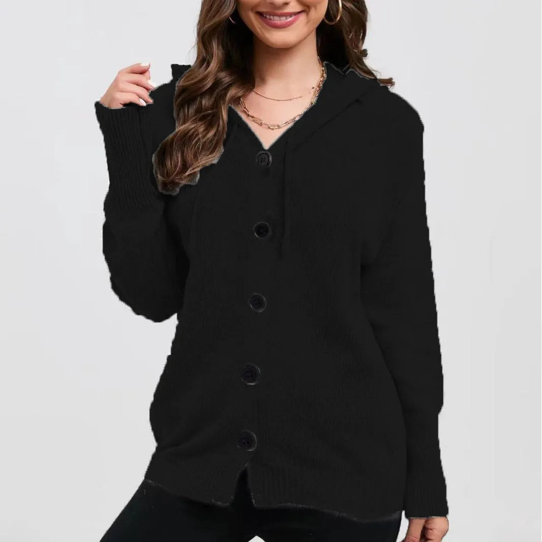 Women's thick cotton hooded cardigan sweater in solid colour with single-breasted closure.
