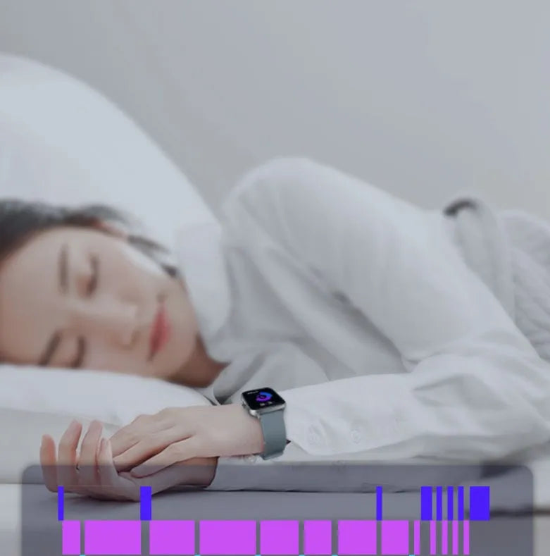 Smart sports watch with blue strap and 1.7-inch colour touch screen displaying time and heart rate.