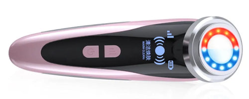 Beauty instrument cleanser in rose pink with three speed settings on white background