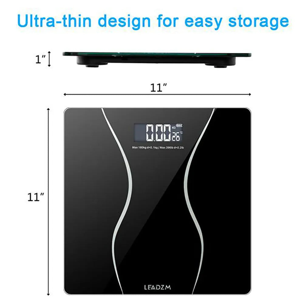 Black electronic bathroom scale on a flat surface showing digital display.