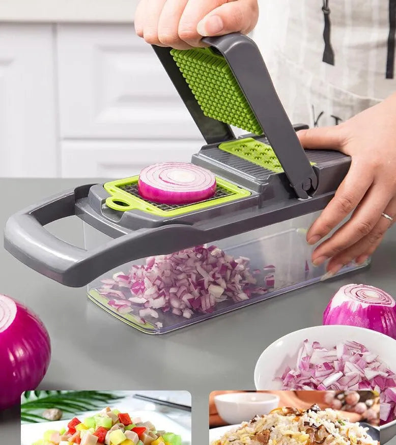 Multifunctional vegetable cutter with 7 stainless steel blades on a kitchen counter, compact 31.8 x 11.5 x 11.5 cm size