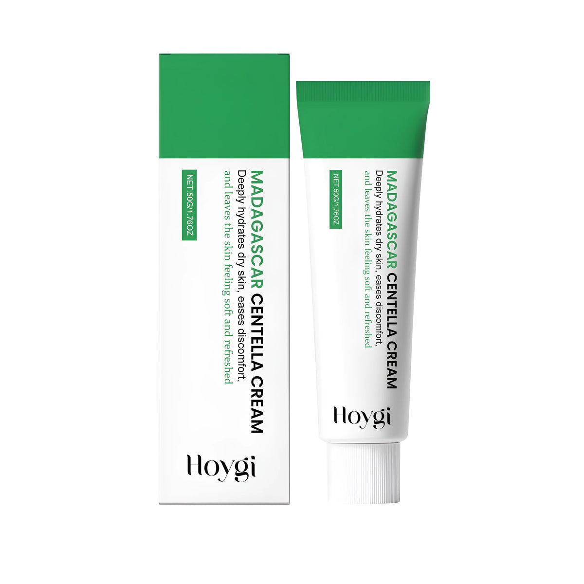Centella Asiatica Moisturizing and Soothing Cream 50g in white jar with green leaf design