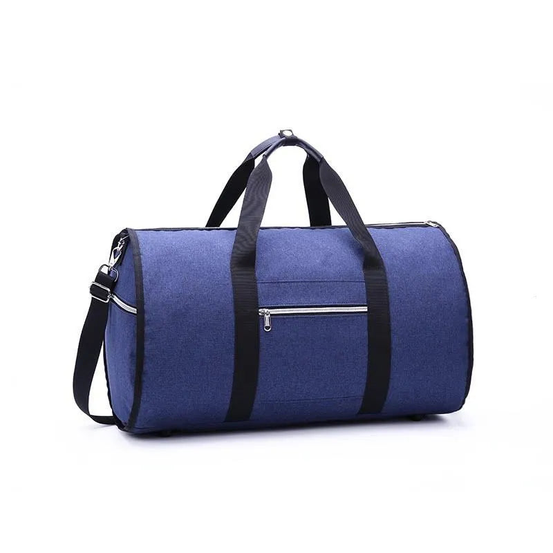 Medium-sized red cylinder travel bag with a zipper opening and carry handles.