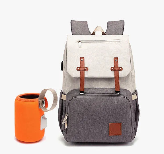 Double shoulder mummy bag backpack in grey white with bottle, Oxford fabric, tissue pocket and stroller hooks