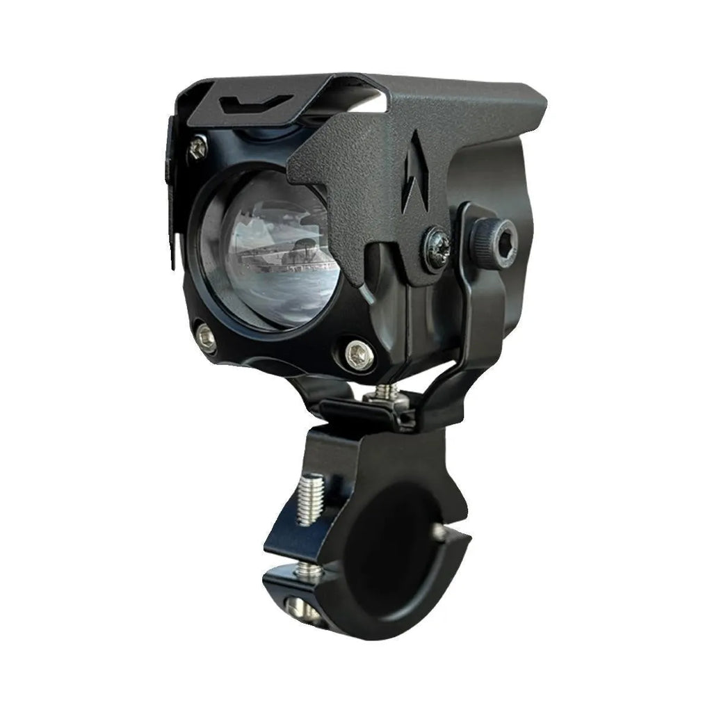 Motorcycle LED spotlight conversion kit showing light unit, wiring, switch, and mounting brackets