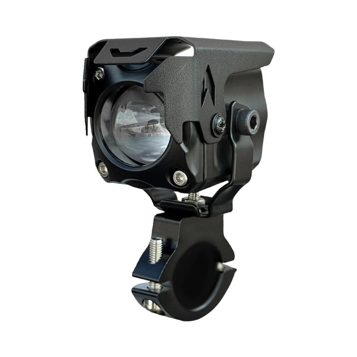 Motorcycle LED spotlight conversion kit showing light unit, wiring, switch, and mounting brackets