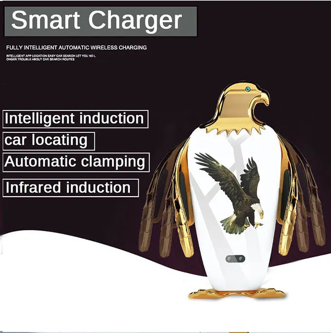 Eagle style wireless charging car phone holder with snap-on suction cup in black and gold.