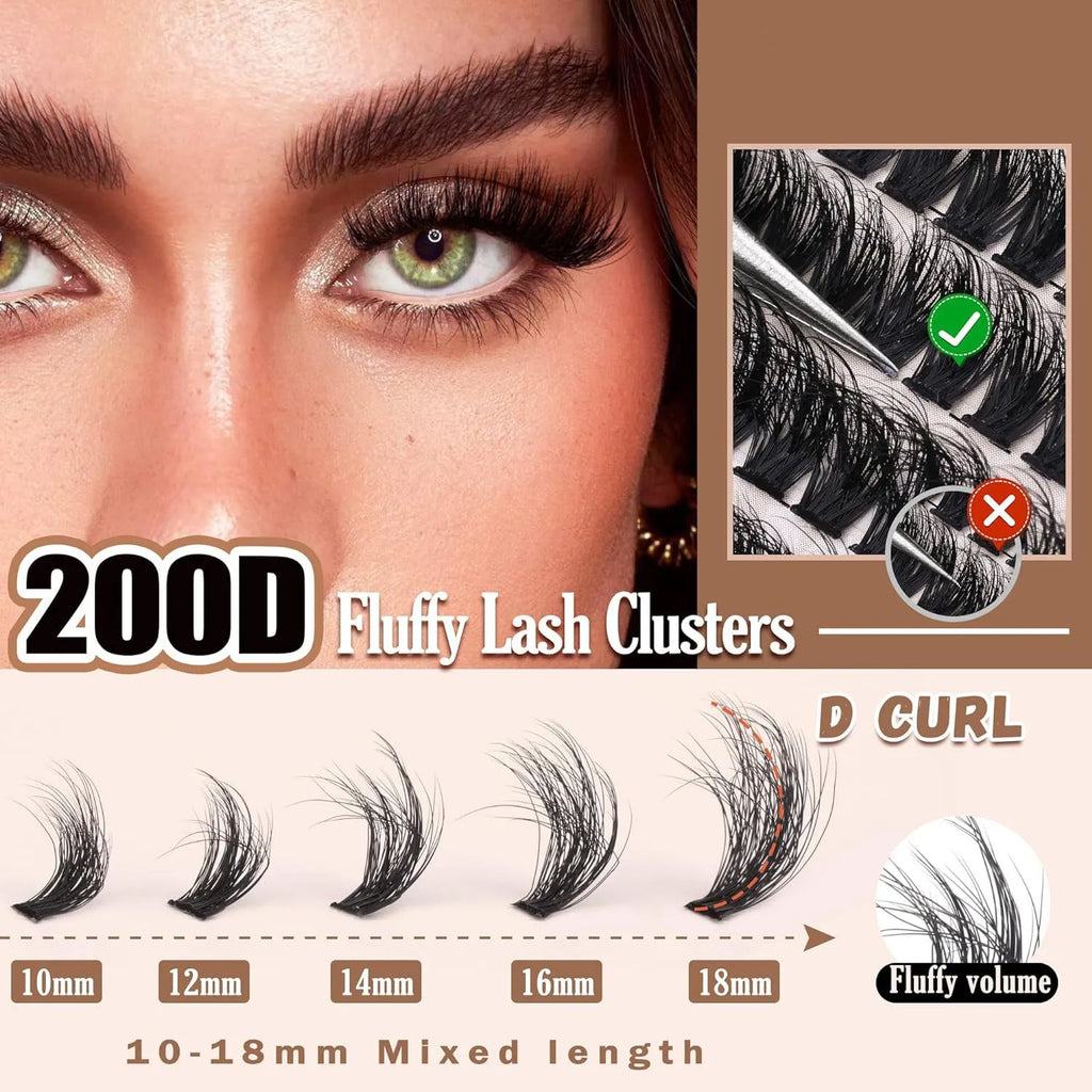 Fluffy faux mink segmented eyelashes 200D density on a white tray with tweezers
