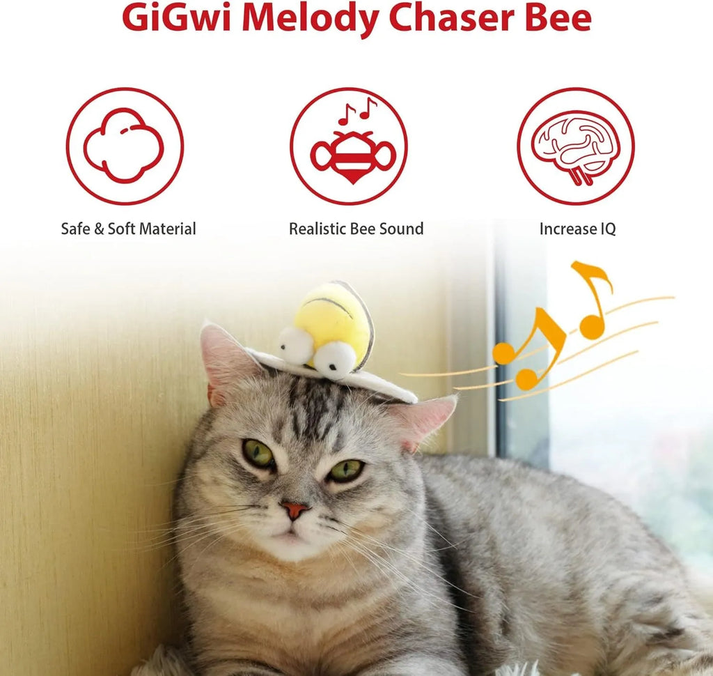 Yellow bee-shaped electronic cat toy with motion-activated squeaking for indoor feline play