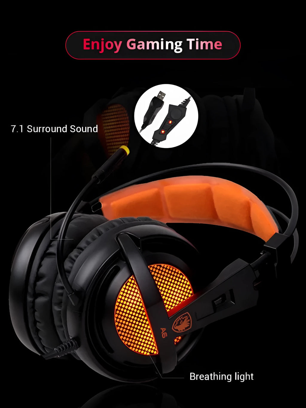 Black and white USB gaming headset with LED lights and 4-piece padded headband on a grey background.