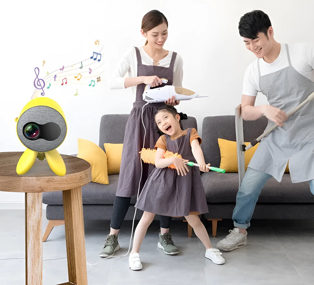YG220 portable LED projector in white or yellow colour showing 1080P input and 24-80 inch projection size.