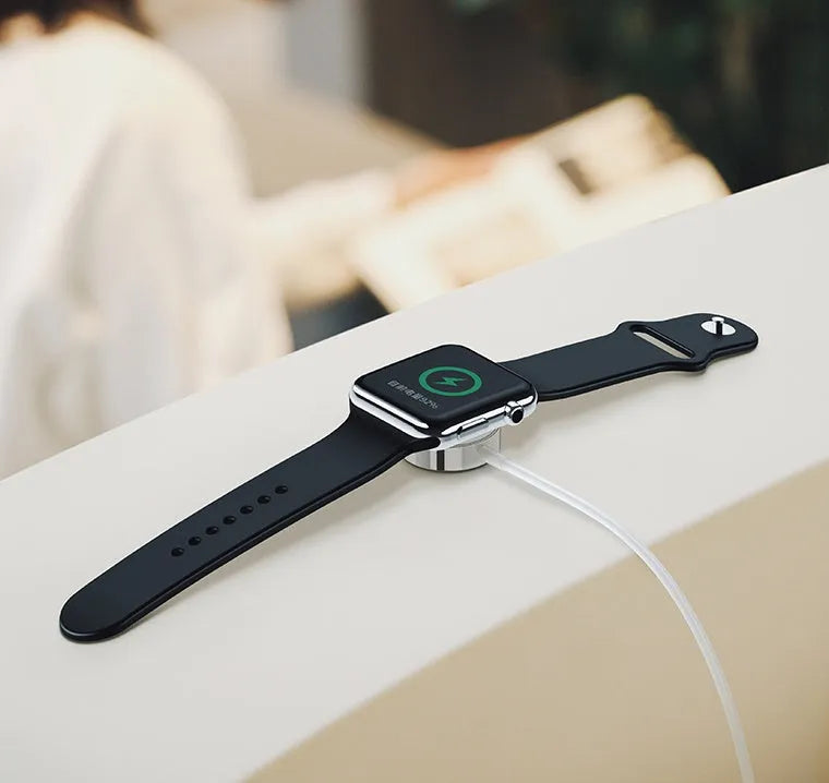 White Apple Watch wireless charger with 1m USB cable, ABS and stainless steel, 2W output, compatible with iPhone models