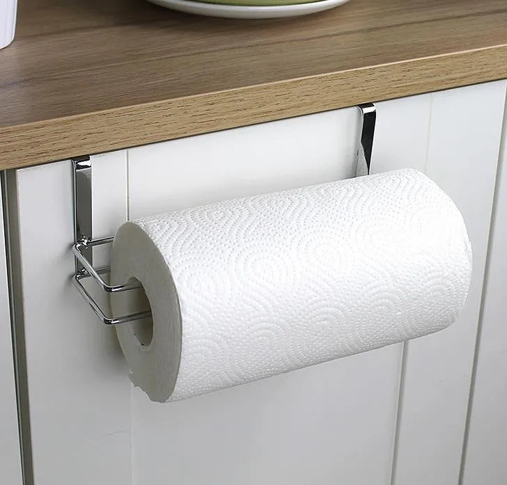 Silver stainless steel kitchen towel rack mounted on cabinet door for paper and towel storage