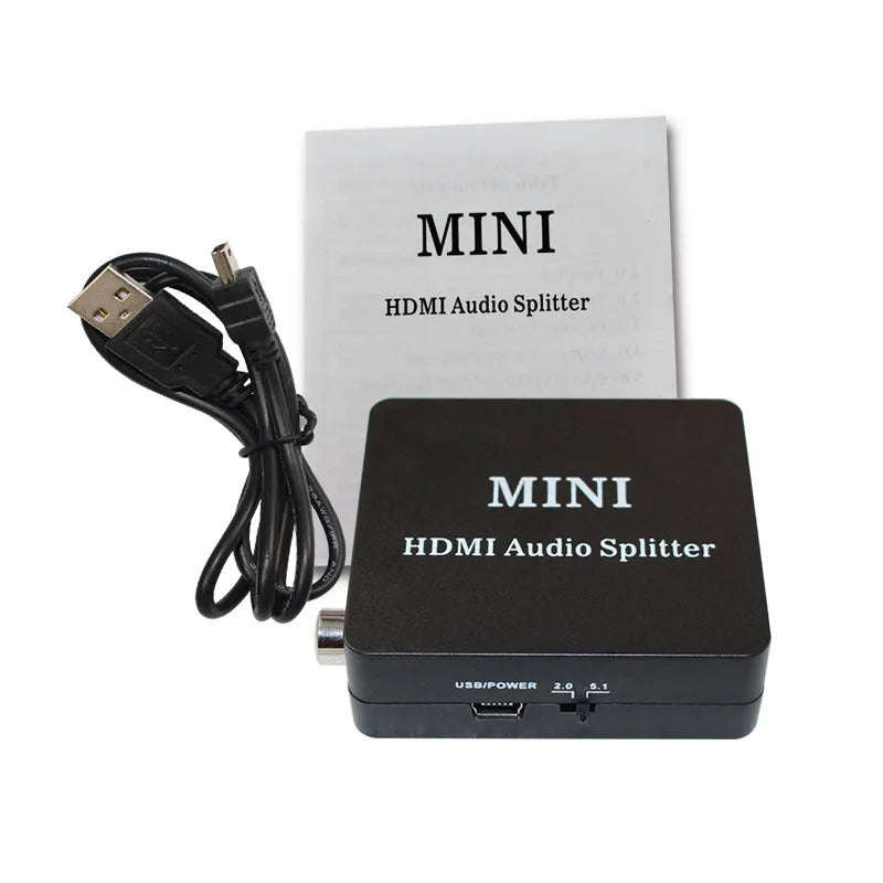 Black audio video splitter with HDMI input and output plus SPDIF and R L audio ports