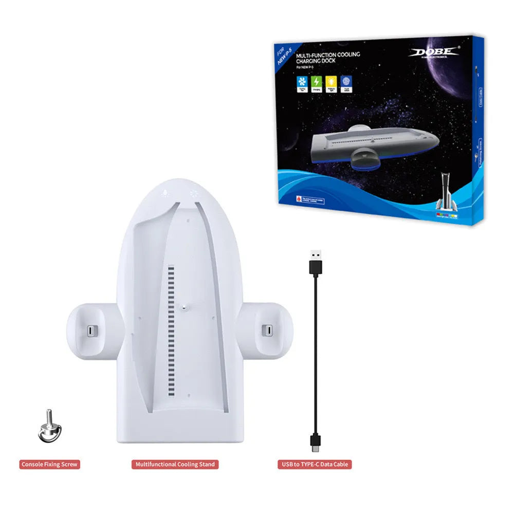 White PS5 cooling stand with RGB lighting and integrated controller charger for PS5 Slim consoles