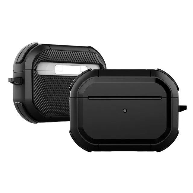 Black TPU and PC plastic protective shell snapped onto a white Apple AirPods Pro charging case.
