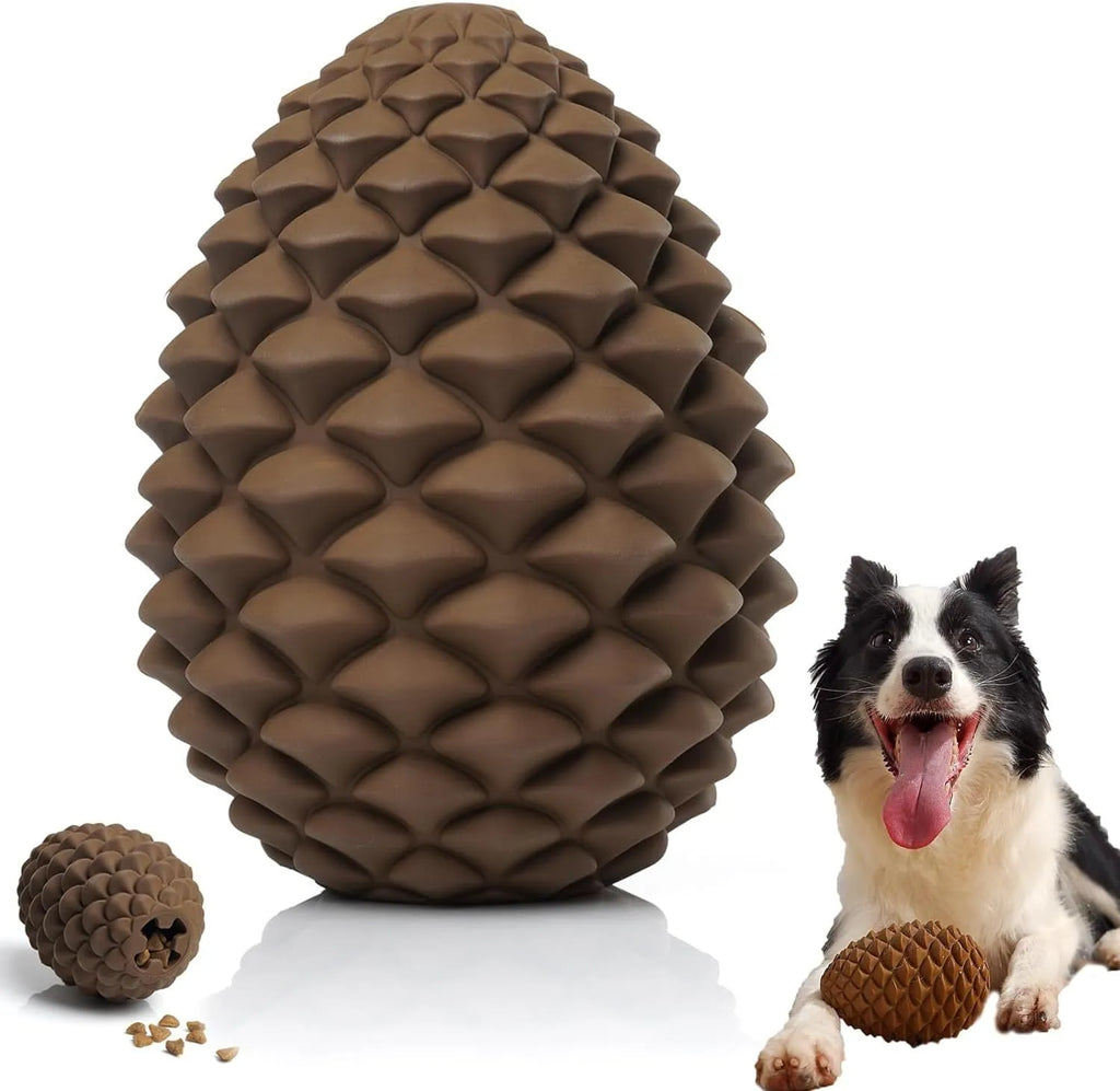 Yellow pine cone shaped tough rubber dog toy with treat dispenser for large dogs.