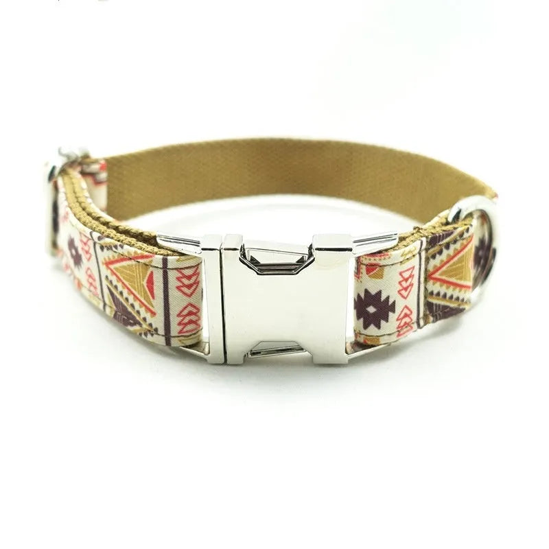 Brown polyester bohemian dog collar on a small dog, adjustable size