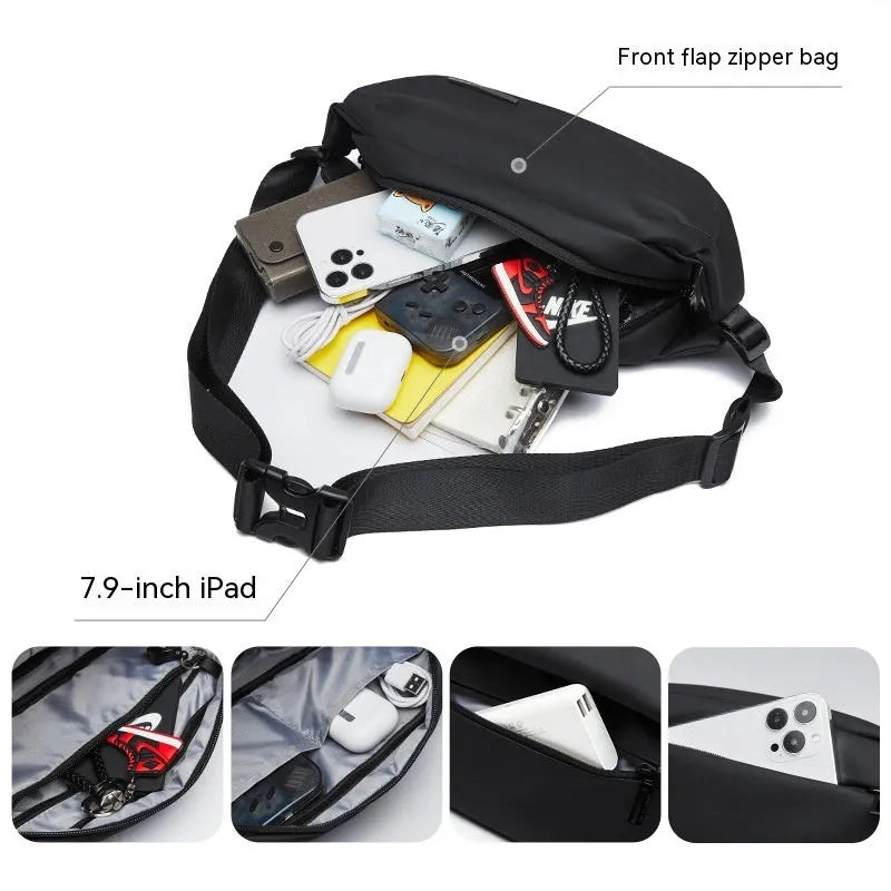 Black Oxford cloth men's crossbody messenger bag with a shoulder strap.