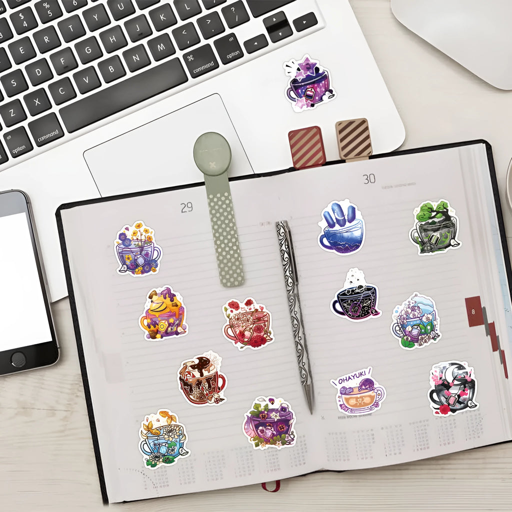 Colourful tea cup graffiti design waterproof stickers in a pack of 50 for DIY decoration.