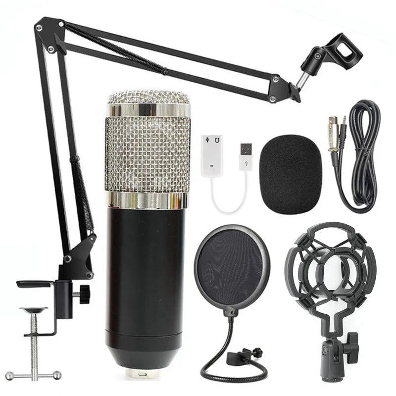BM-800 condenser microphone on a desktop stand, shown in various colour options including black, silver, and white.