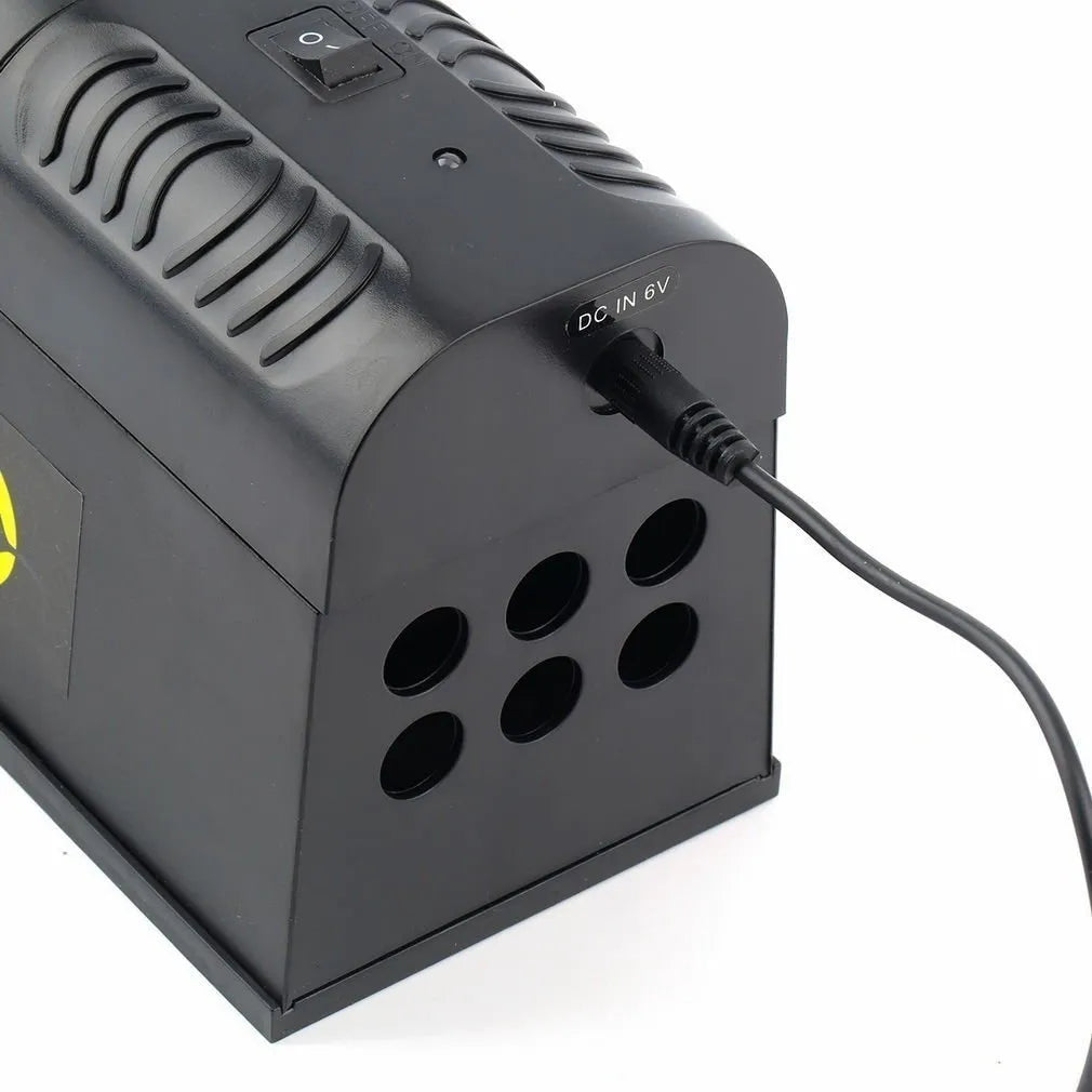 Black electronic rodent killer device measuring 208x115x75mm with high voltage trigger for pest control