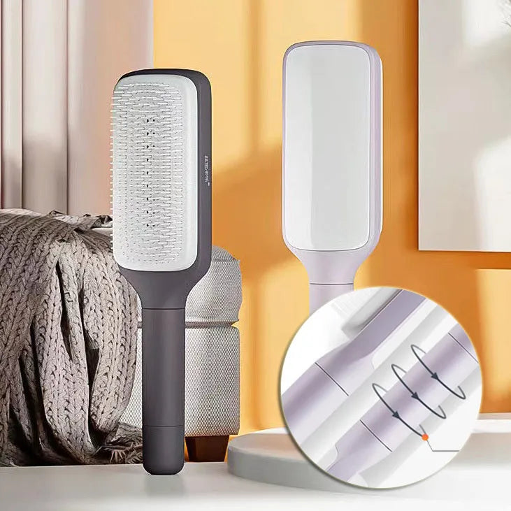 Purple self-cleaning hair brush with rotating handle and massage comb bristles