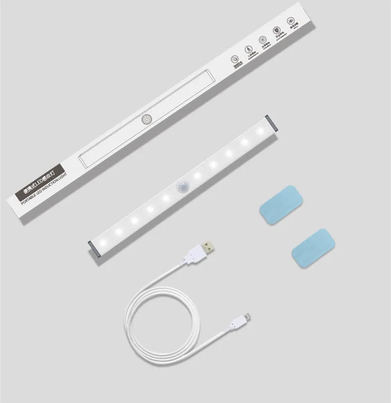 Aluminium LED closet light with magnetic back, shown illuminating a wardrobe interior.