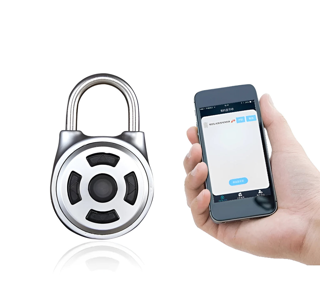 Silver smart padlock with direction button password lock and Bluetooth electronic lock feature