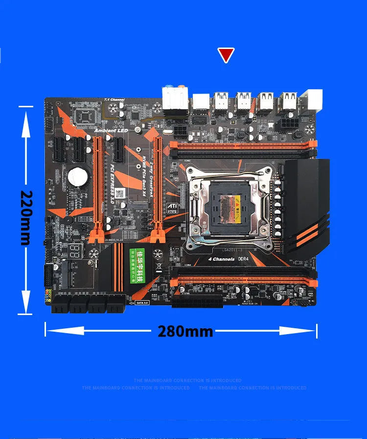 X99 series desktop motherboard with LGA2011-3 socket, four DDR4 slots, PCI-E x16 slots, and M.2 interface.