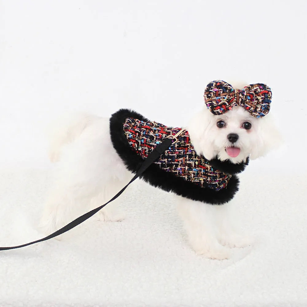 Classic dog walking cloak set with chest strap harness and hand holding rope leash in multiple styles