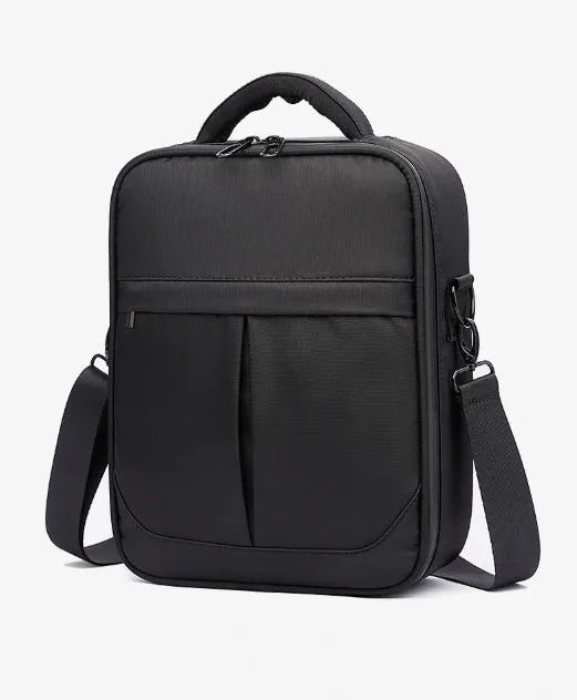 Black men's oxford fabric messenger bag showing its crossbody style and proportions.