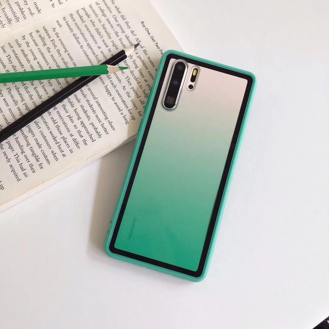 Huawei smartphone case in black, green, orange, or pink, showing TPU bumper and PC backplate.