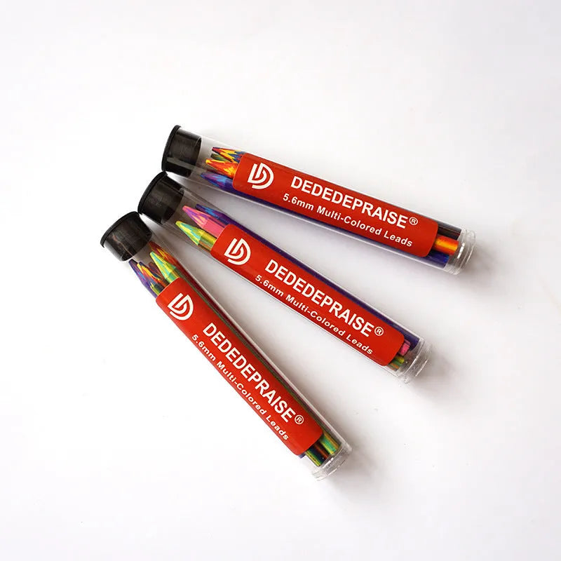 Five multicolour magic rainbow pencil leads in a tube, sized 5.6mm by 90mm for activity pens.