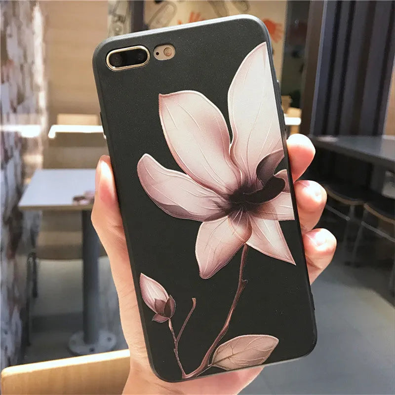 Embossed floral TPU iPhone case back cover in black and white options