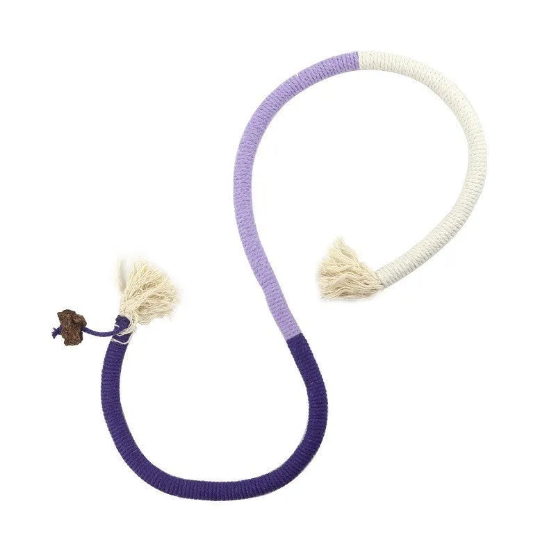 70cm cotton string bite rope cat toy in three colour options: purple, orange, and red with green