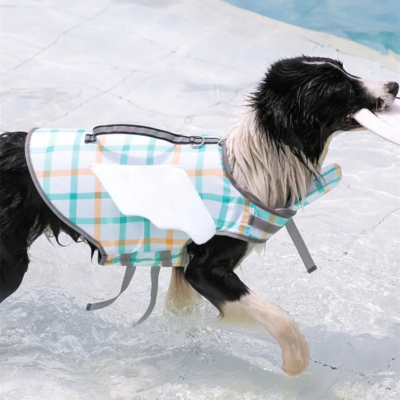 Dog swimming life jacket in polyester woven EVE buoyancy cotton, available in six sizes XS to XXL and four colours.
