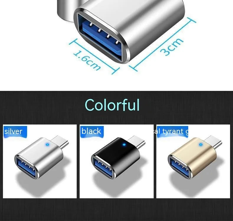 Type-C to USB 3.0 OTG adapter with indicator light showing connected to a phone and a mouse