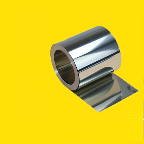 A one-metre strip of thin 304 stainless steel sheet with a brown leather backing.