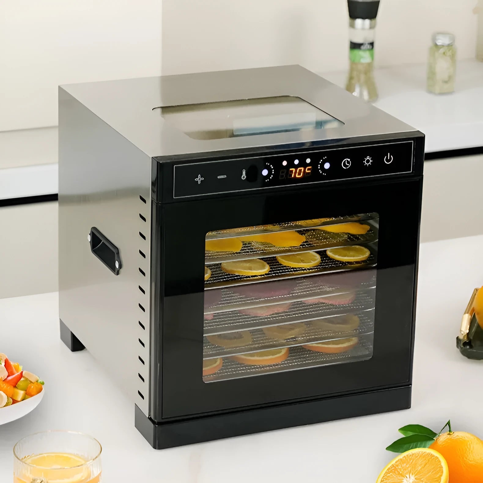Stainless steel fruit dehydrator with multiple trays, LED control panel, and visual skylight window.