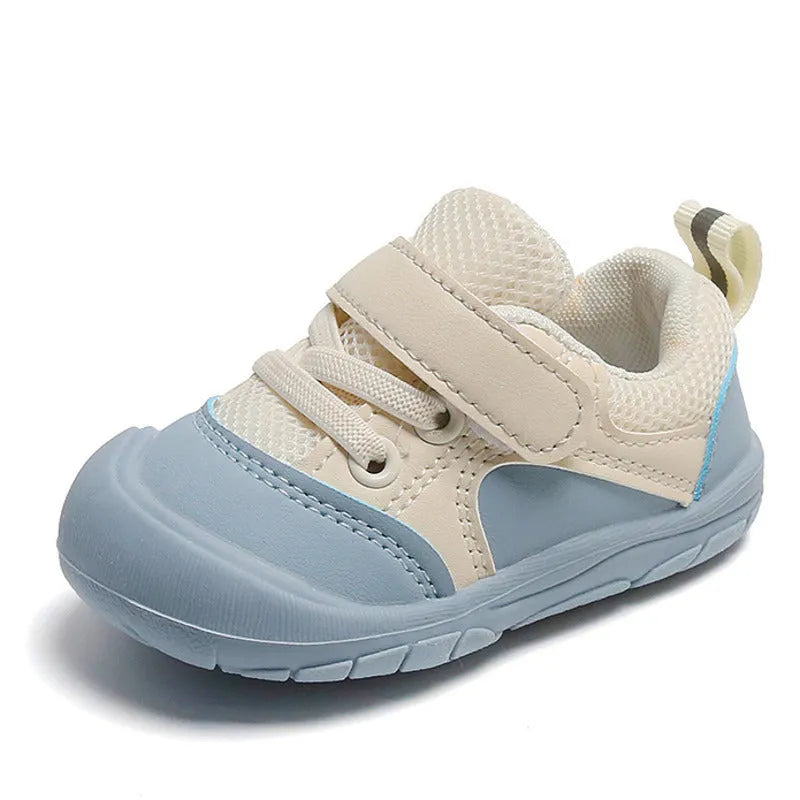 Blue toddler walking shoes with soft anti-skid sole and artificial PU upper