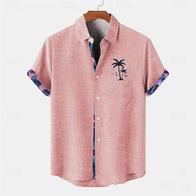 Linen short sleeve shirt with ocean fish pattern lapel in loose fit casual style