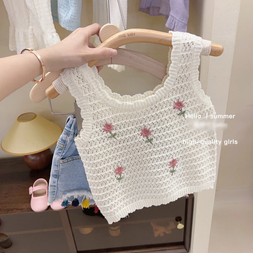 Baby girl hollow strap cotton vest and pants set in solid colour beige, pullover Korean style