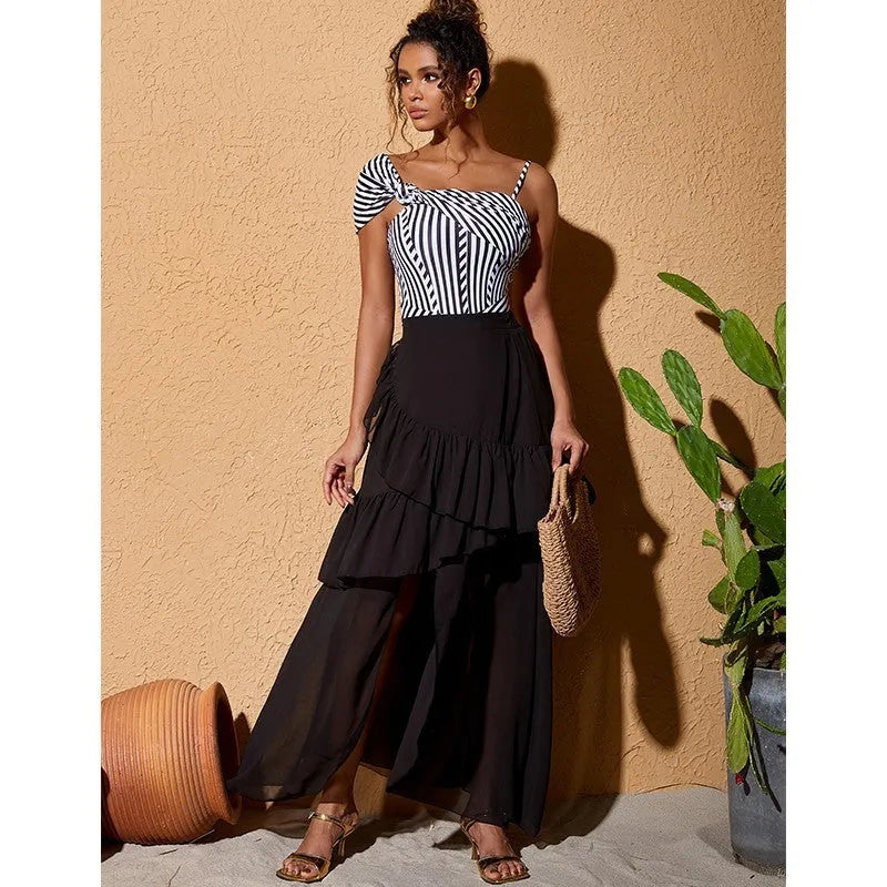 Women's striped ruffled one-piece swimsuit with removable black skirt in polyester fabric