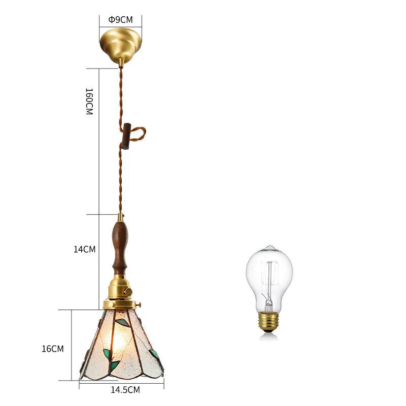 Japanese retro brass and glass chandelier with hand-blown shades and walnut ceiling plate