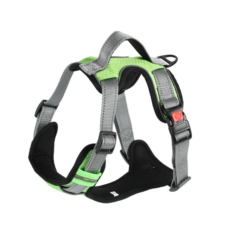 Orange adjustable dog chest strap vest harness with an integrated hand holding rope.
