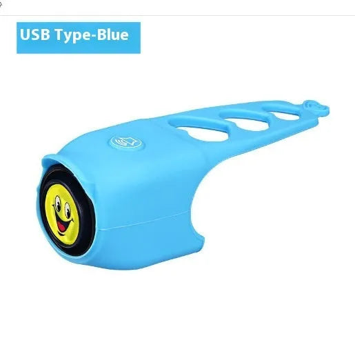Bicycle electronic horn in plastic body with black colour, showing fixture and fitting for handlebar mounting